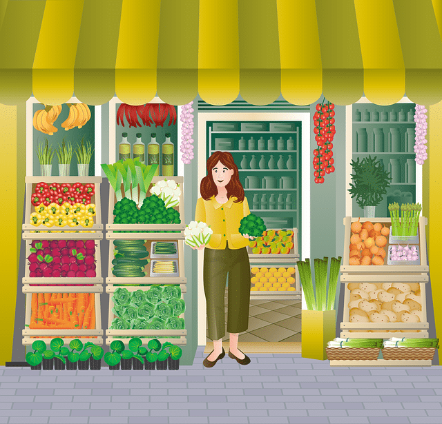 A woman in a shop selling vegetables