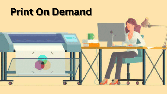 A vector image of a lady using her laptop to do Print-on-Demand business.