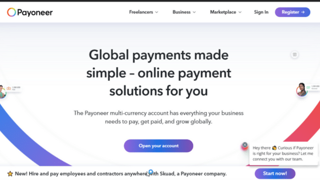 payoneer front page on desktop
