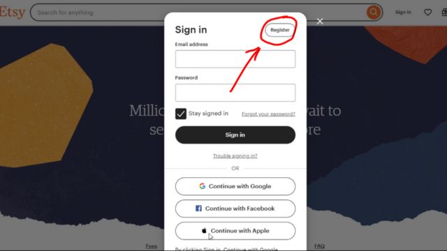 Etsy sign up page
