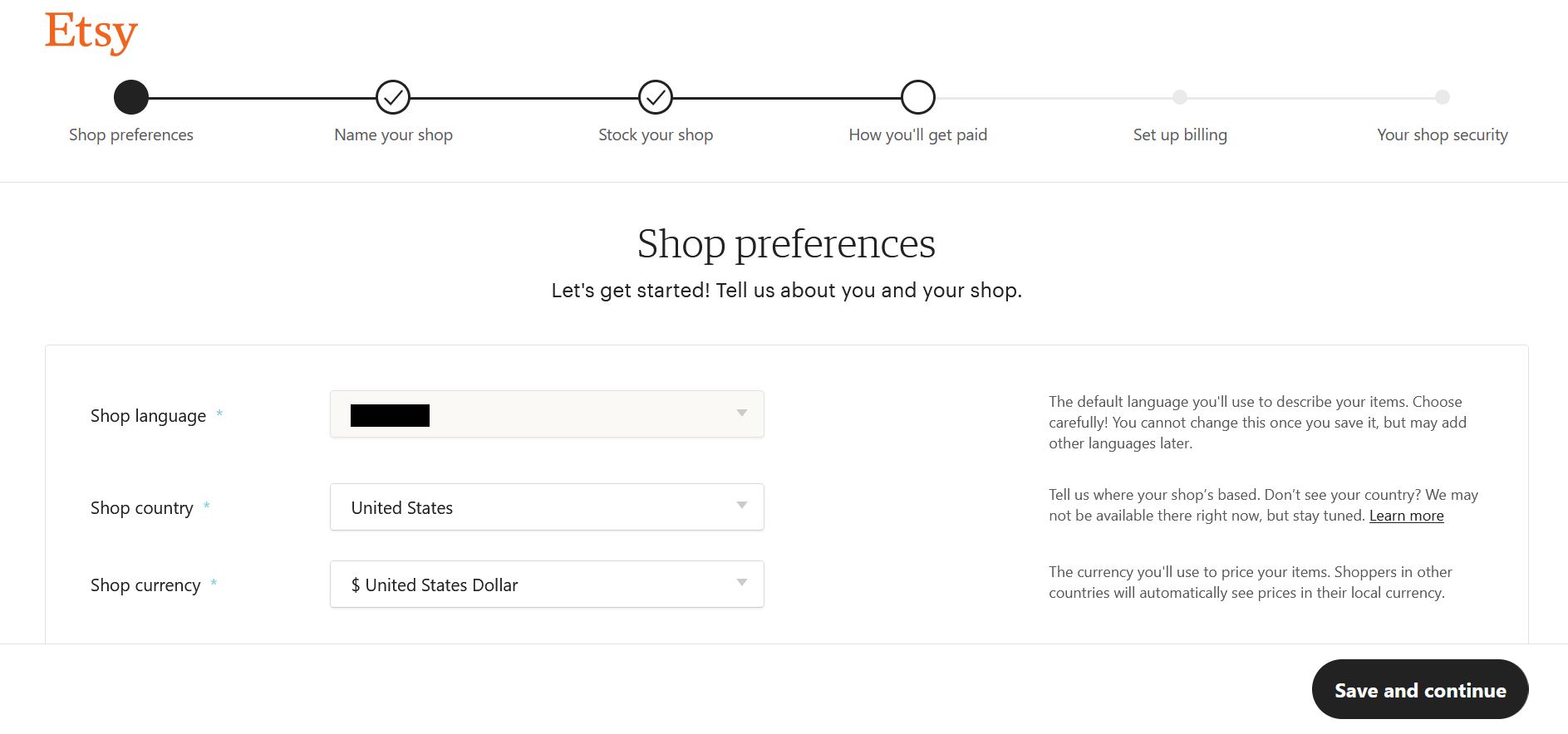 Shop setup page on Etsy