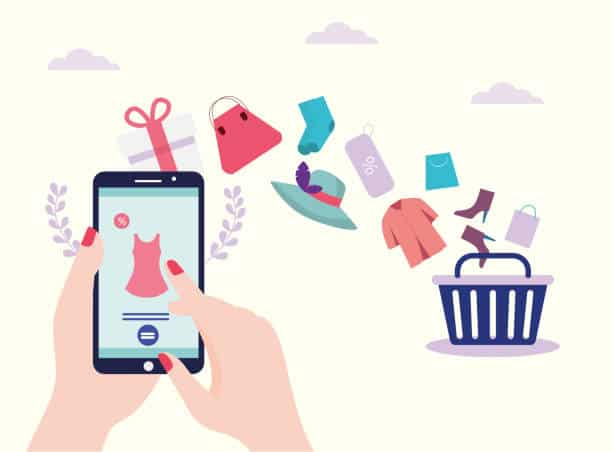 Social media marketing mobile phone with woman holding smartphone. Online shopping via mobile app. Online shopping via phone, Internet Store, Online Shopping Concept. Store for online shopping layout. Girl buys gifts and purchases via the Internet vector illustration.