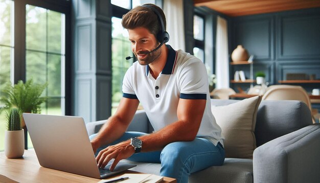 A male Virtual Assistant working at home with his laptop
